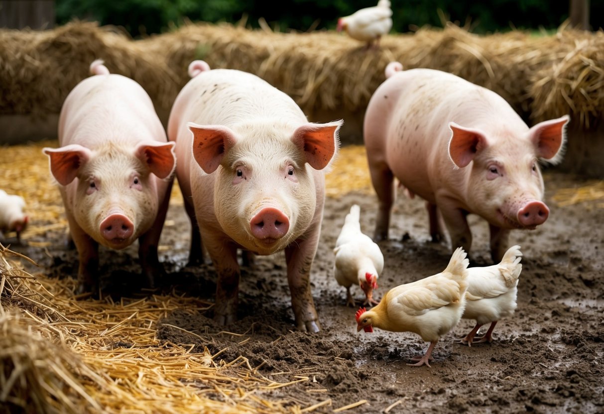 A group of pigs and chickens are in a muddy farmyard, surrounded by hay and feed. The pigs are rolling in the mud while the chickens peck at the ground