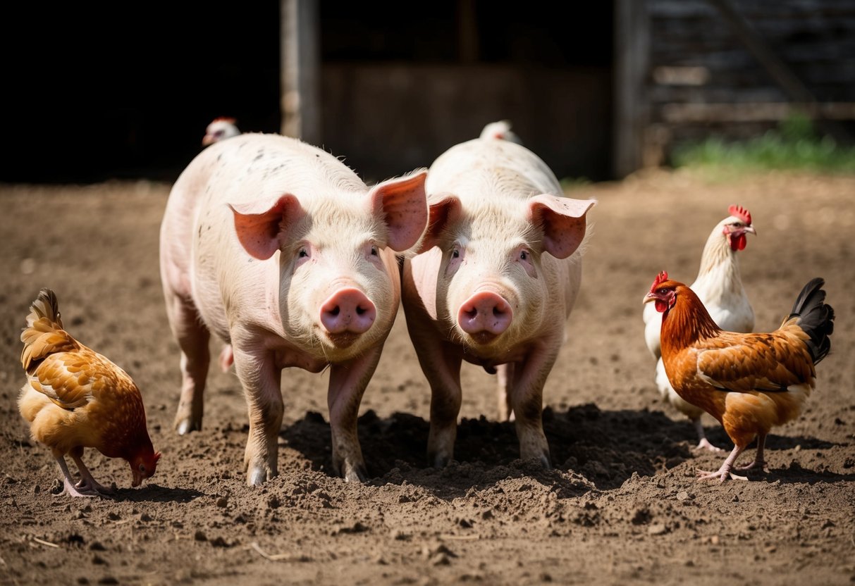 Two pigs and two chickens standing in a barnyard, with the pigs rolling in mud and the chickens pecking at the ground