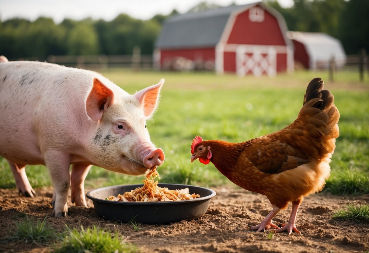 A pig and a chicken sharing a meal in a barnyard