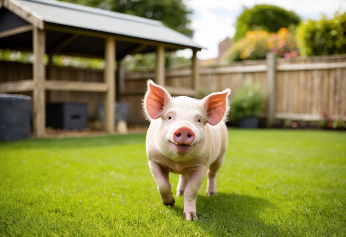 A cheerful pig happily plays in a spacious garden, surrounded by a sturdy fence and a cozy shelter