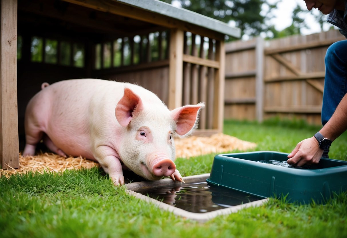 A pig happily snuggles in a cozy, fenced-in backyard with a shelter and a feeding area, while a person fills its water trough