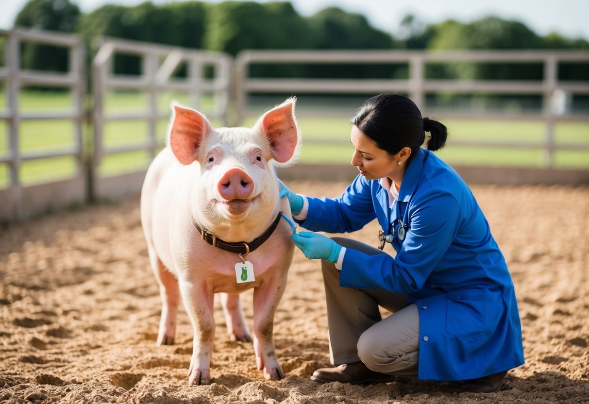 A pig with a collar and identification tag stands in a clean, spacious outdoor pen. A veterinarian examines the pig's health