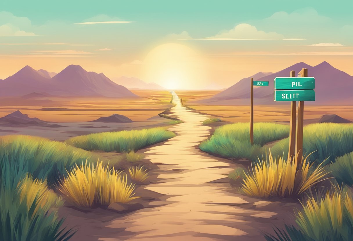 Un chemin partagé avec un panneau indicateur, d'un côté luxuriant et vibrant, de l'autre stérile et désolé