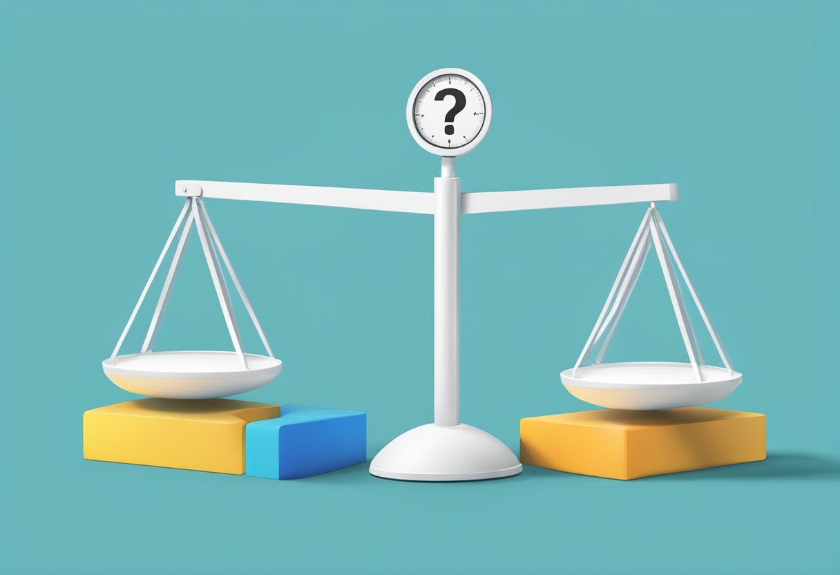 Une image divisée d'une balance avec un symbole d'hébergement web gratuit d'un côté et un symbole d'hébergement web payant de l'autre, entourée de points d'interrogation