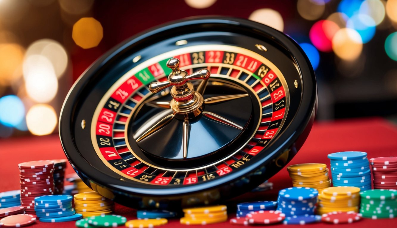 Roda roulette berputar dengan chip berwarna-warni tersebar di sekitarnya