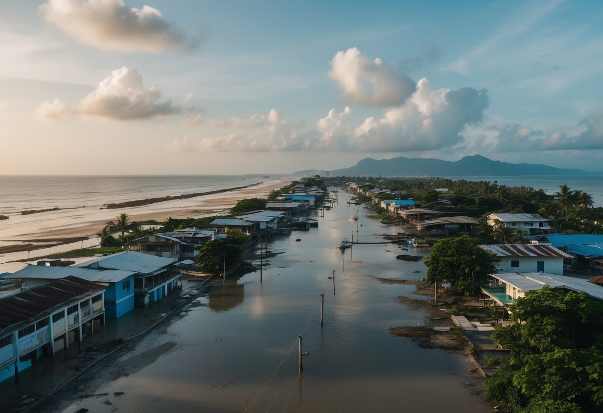 A coastal town in the Philippines with eroded beaches, flooded streets, and damaged buildings due to rising sea levels and extreme weather events