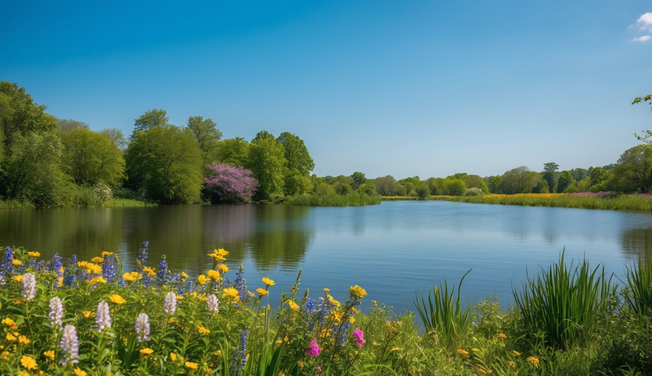 A serene nature scene with a calm body of water, surrounded by lush greenery and colorful flowers, under a clear blue sky