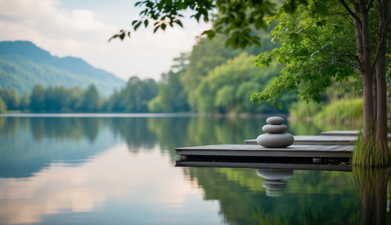 A serene, tranquil setting with a peaceful and still atmosphere. A calm and clear mind is depicted through nature, such as a still lake or a peaceful garden