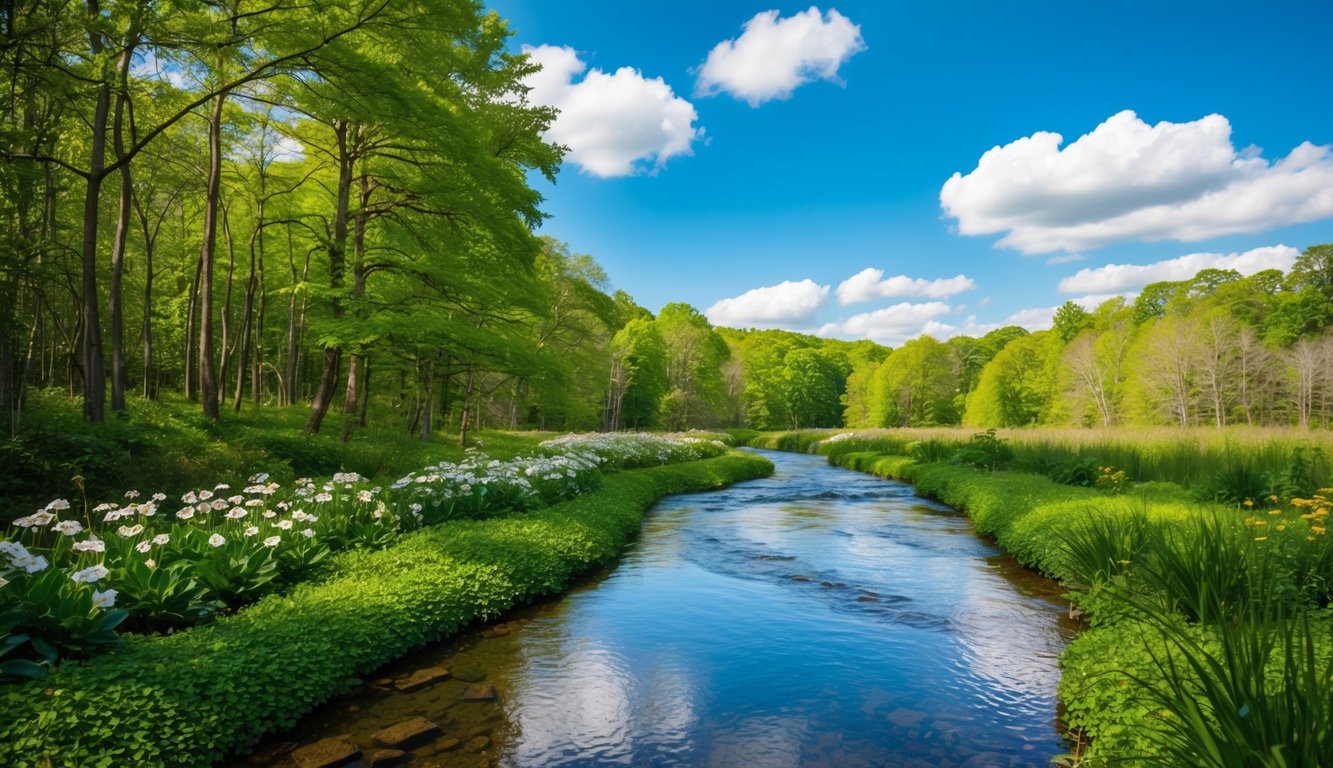 A serene forest with a tranquil stream, surrounded by lush greenery and vibrant flowers, under a clear blue sky with puffy white clouds