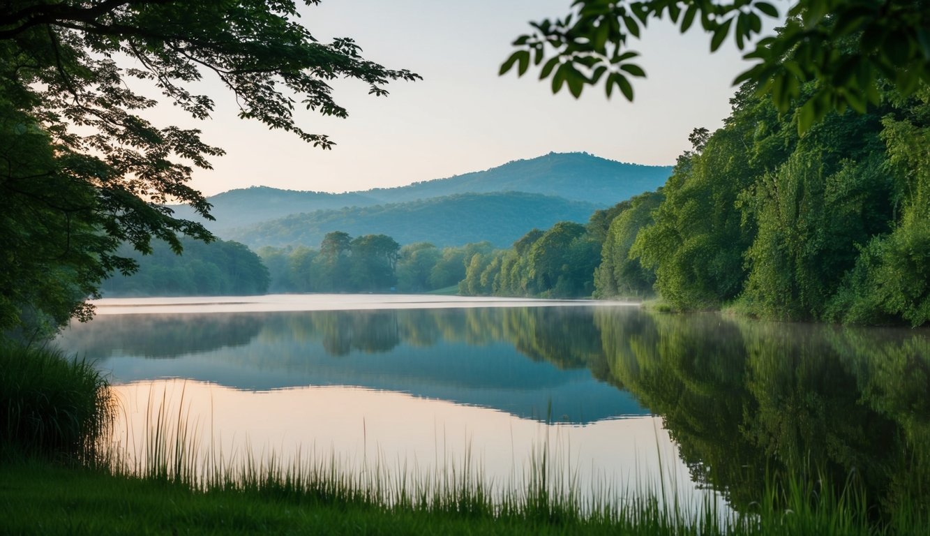 A serene, tranquil setting with a peaceful landscape, perhaps a calm lake surrounded by lush greenery, evoking a sense of mindfulness and present-moment awareness