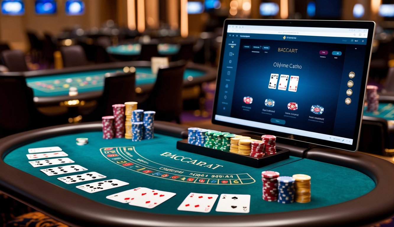 Sebuah meja baccarat mewah dikelilingi oleh chip berwarna-warni dan satu dek kartu, dengan antarmuka kasino online yang ramping dan modern ditampilkan di layar digital