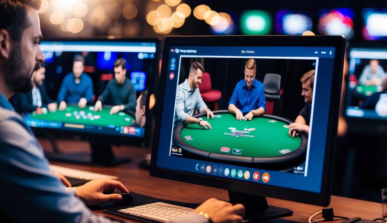 Sekelompok pemain terlibat dalam permainan poker online yang hidup di platform digital, dengan beberapa meja permainan yang terlihat di layar.