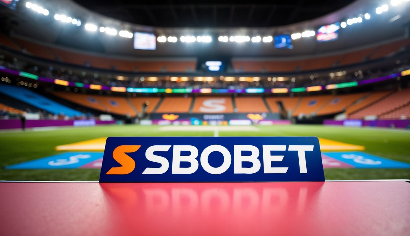 Sebuah arena olahraga yang ramai dengan berbagai acara atletik dan logo platform online Sbobet yang mencolok