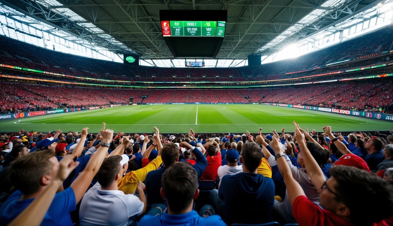 Sebuah stadion olahraga yang ramai dengan layar taruhan langsung dan penggemar yang bersorak