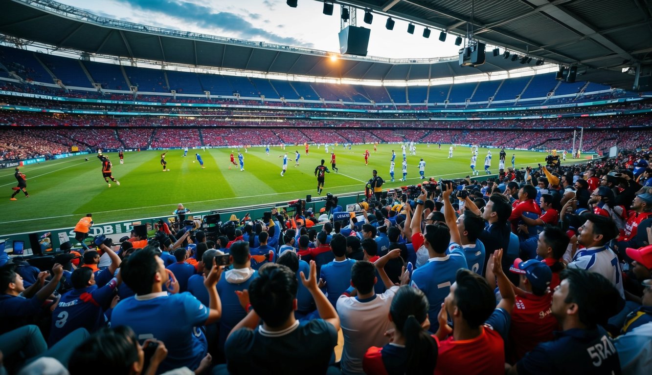 Sebuah stadion olahraga yang ramai dengan penggemar bersorak, pemain berkompetisi, dan suasana yang hidup di situs Sbobet online yang terpercaya