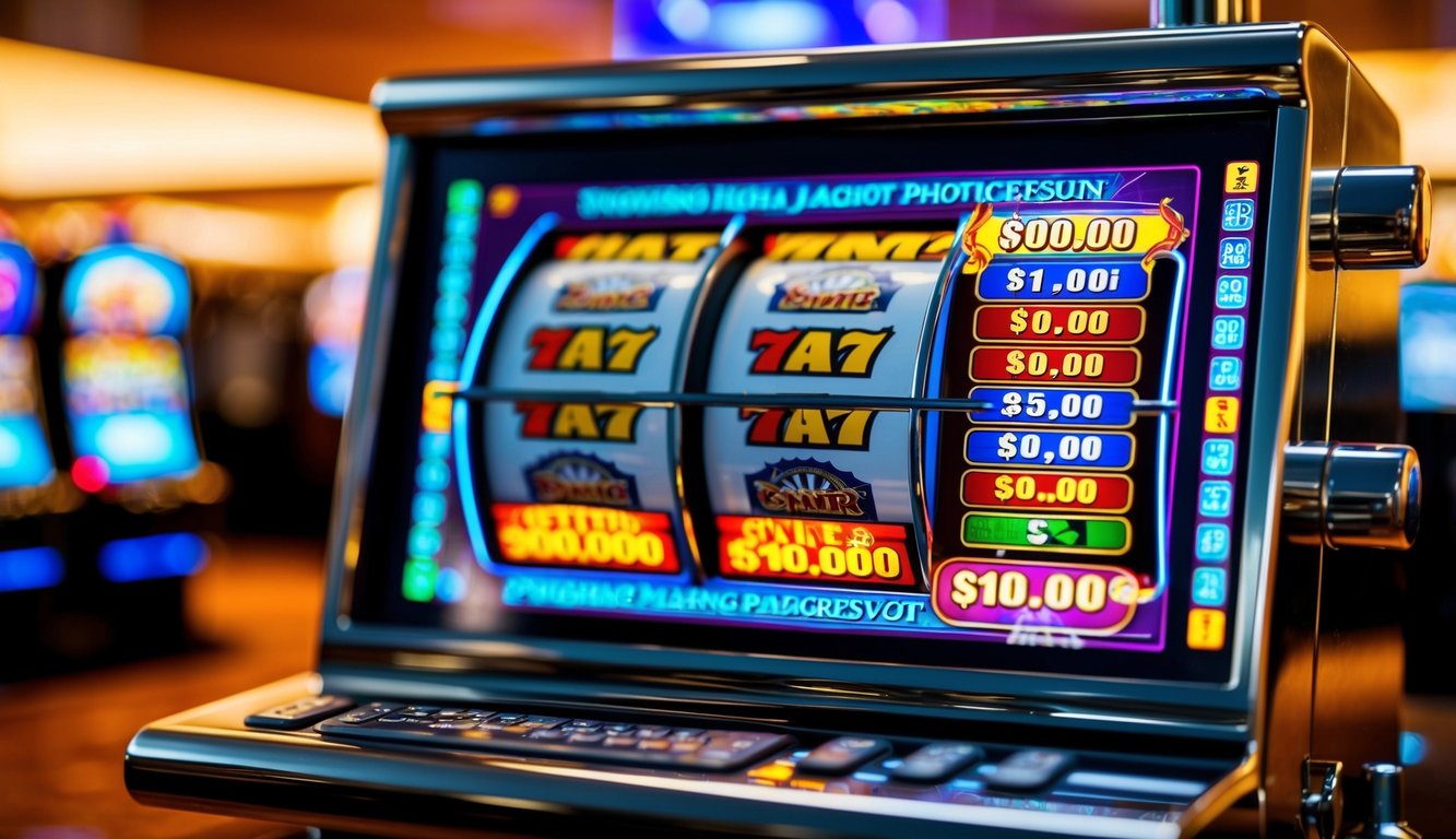 Sebuah mesin slot online berwarna-warni dengan lampu berkedip dan jackpot progresif yang terus berkembang