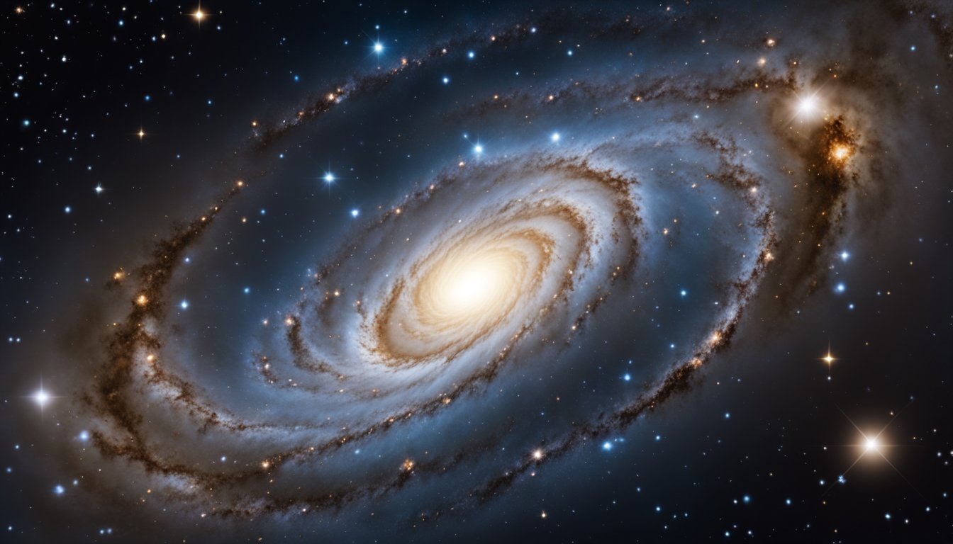 A spiral galaxy with a central bulge and swirling arms of stars and gas, surrounded by a halo of older stars and dark matter