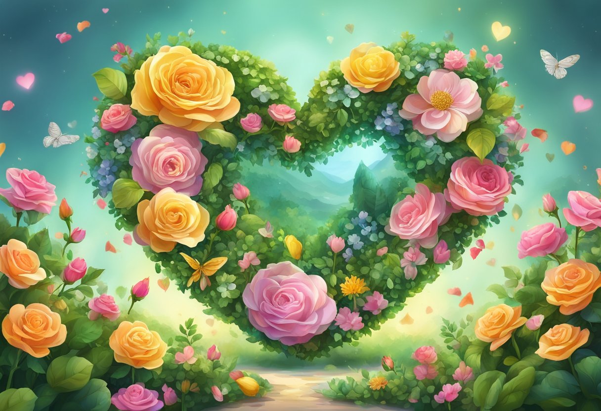 A heart-shaped garden with blooming roses, sparkling crystals, and golden coins scattered among vibrant flowers and lush greenery
