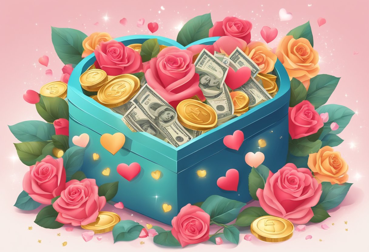 A heart-shaped box overflowing with roses, money, and sparkles, surrounded by symbols of love, abundance, and happiness