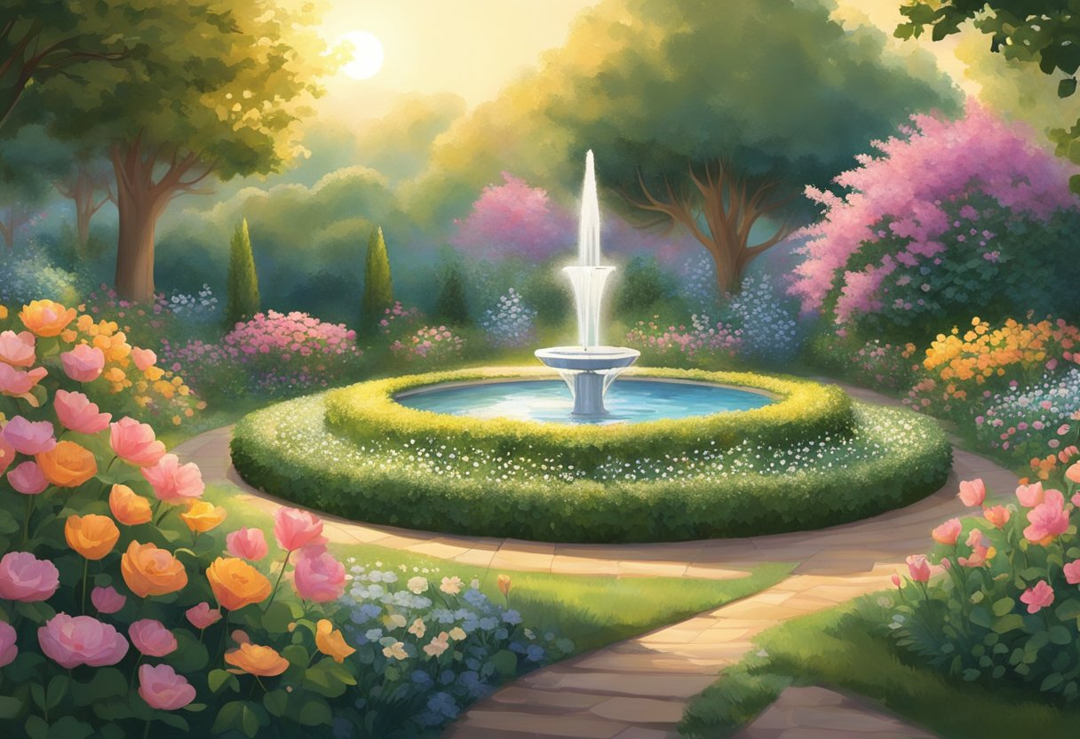 A serene garden with blooming flowers, sparkling crystals, and a heart-shaped fountain surrounded by lush greenery. Sunrise casts a warm glow, evoking feelings of love, wealth, and joy