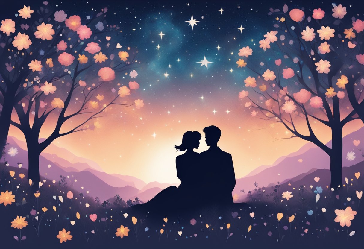 A couple's silhouette under a starry sky, surrounded by blooming flowers and heart-shaped symbols, with a sense of connection and growth in their relationship