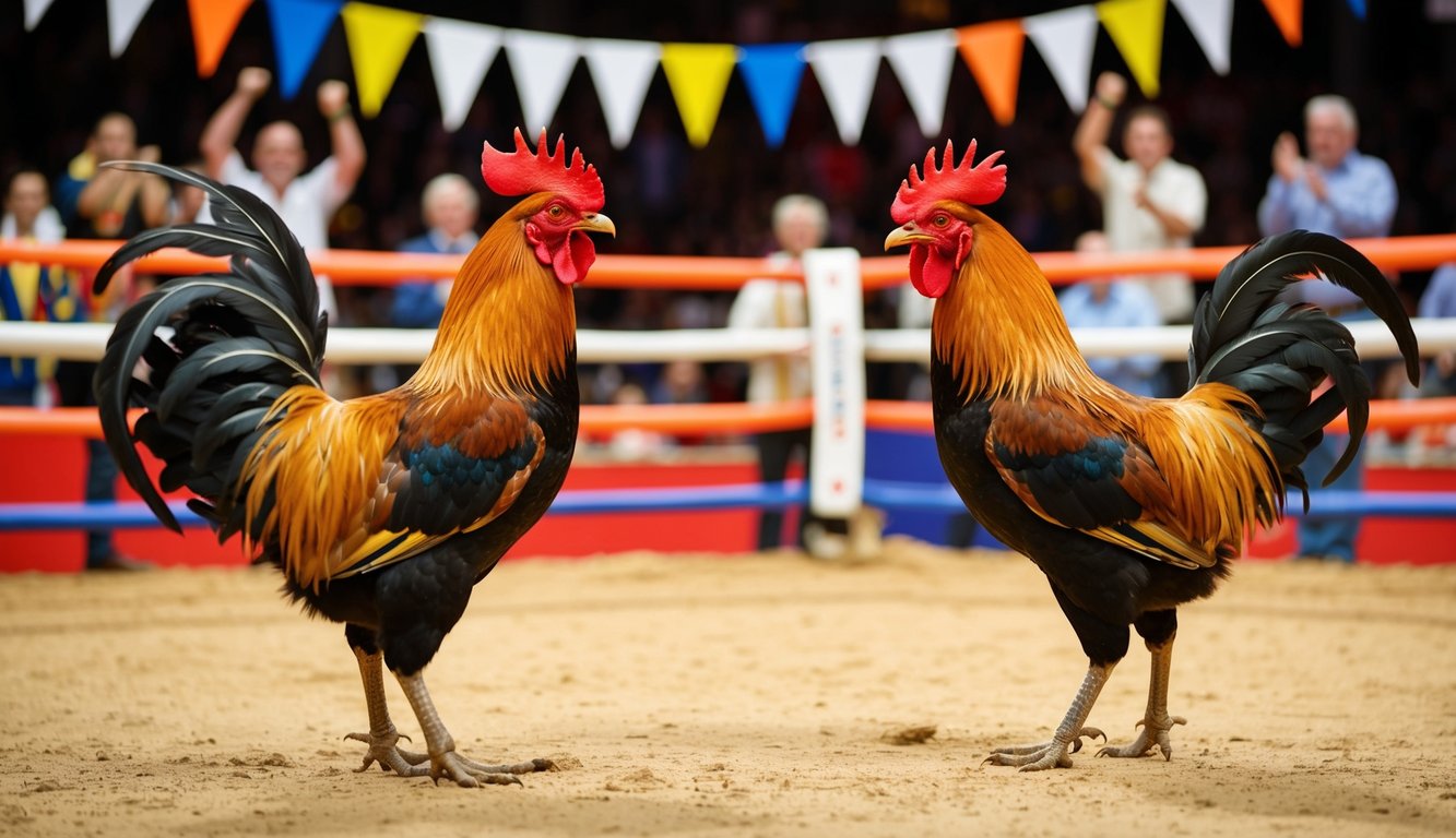 Dua ayam jantan berhadapan di sebuah arena, dikelilingi oleh penonton yang bersorak-sorai dan spanduk berwarna-warni