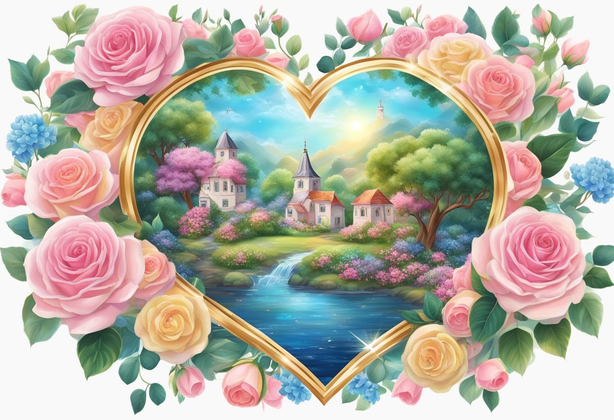 A sparkling heart-shaped charm surrounded by blooming roses and overflowing treasure, with a sense of joy radiating from the page