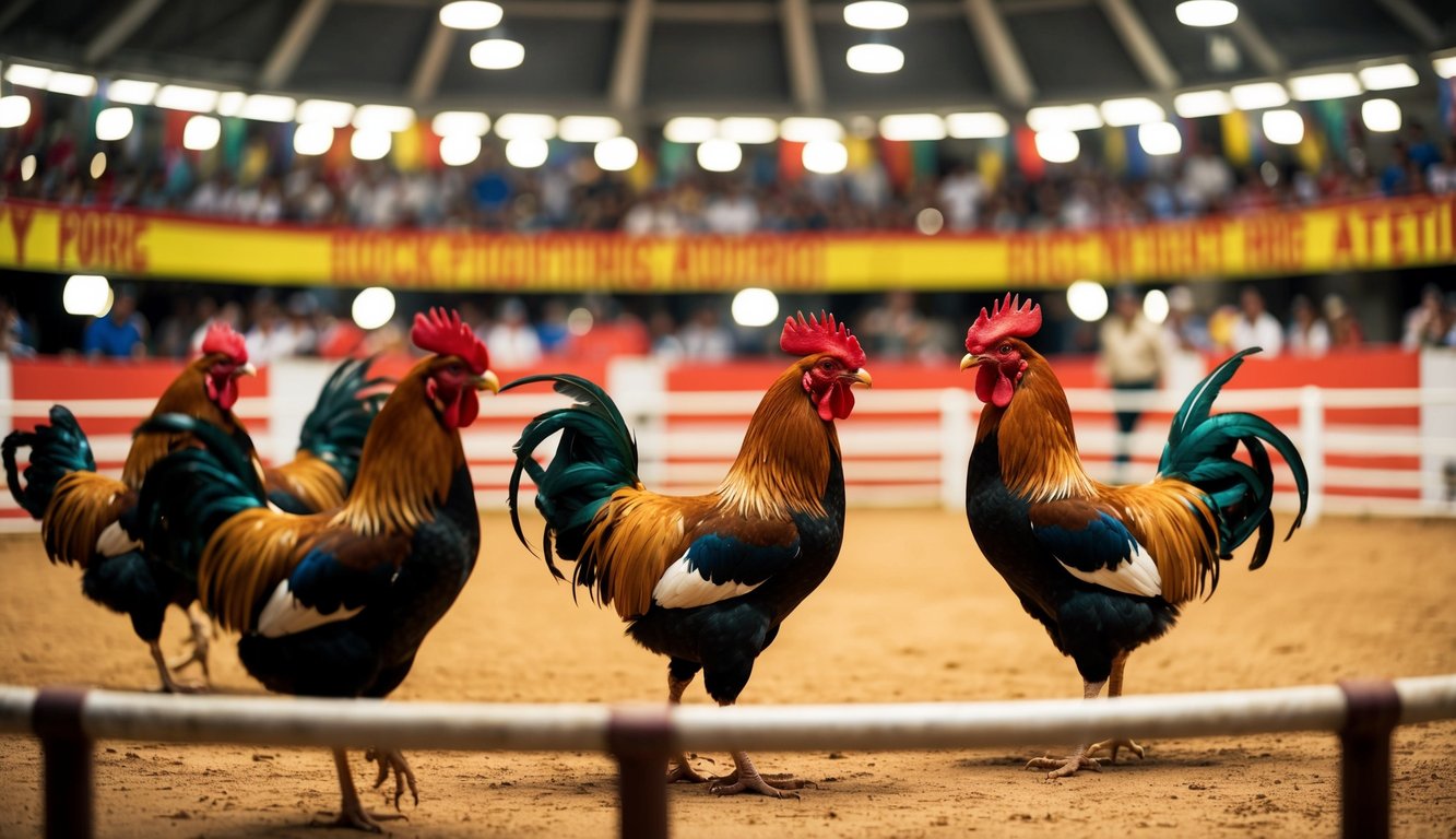 Sebuah arena sabung ayam resmi yang ramai dengan penonton yang bersorak dan ayam jantan berwarna-warni di ring