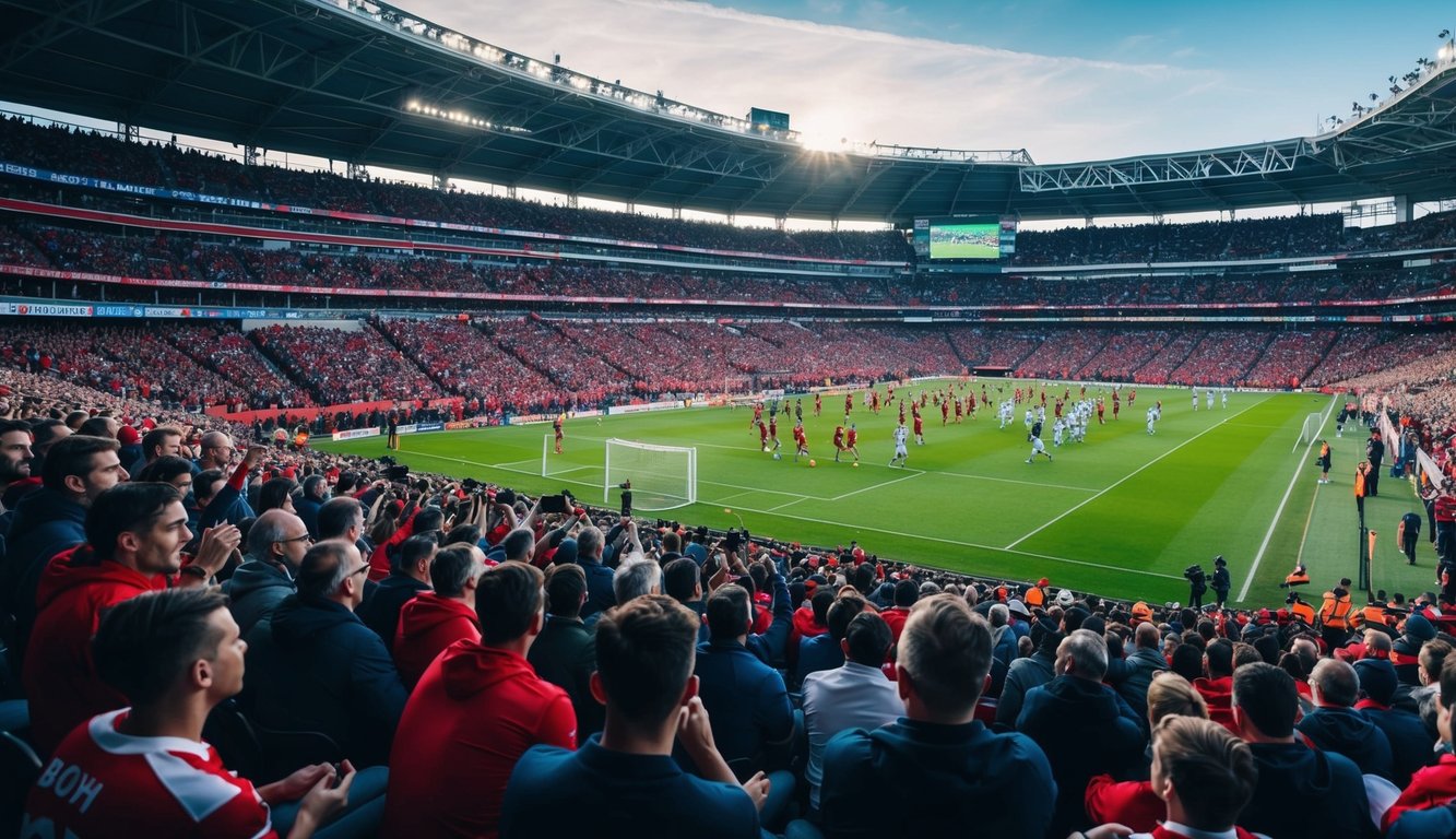 Sebuah stadion olahraga yang ramai dengan penggemar yang bersorak dan pemain di lapangan