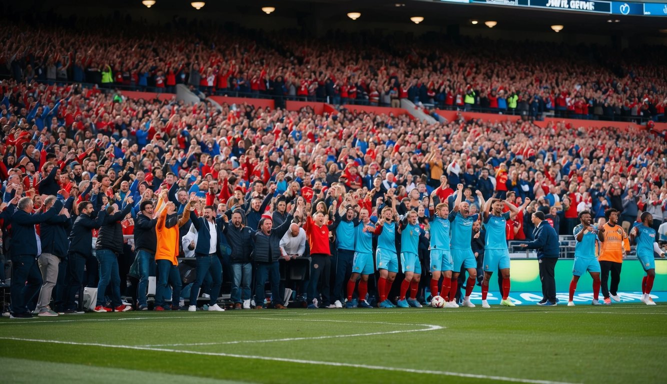 Sebuah stadion olahraga yang ramai dengan penggemar yang bersorak dan pemain di lapangan