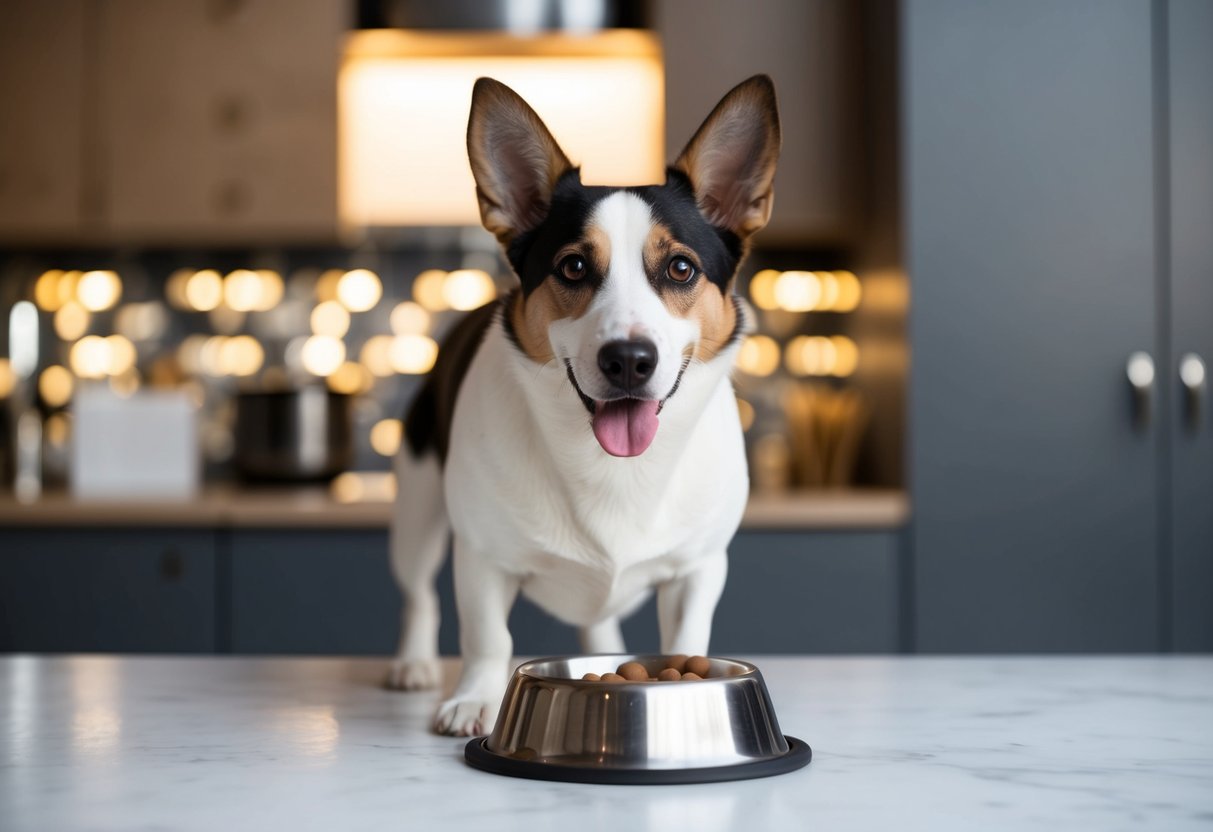 A dog with ears perked up and tail wagging, standing in front of a food bowl