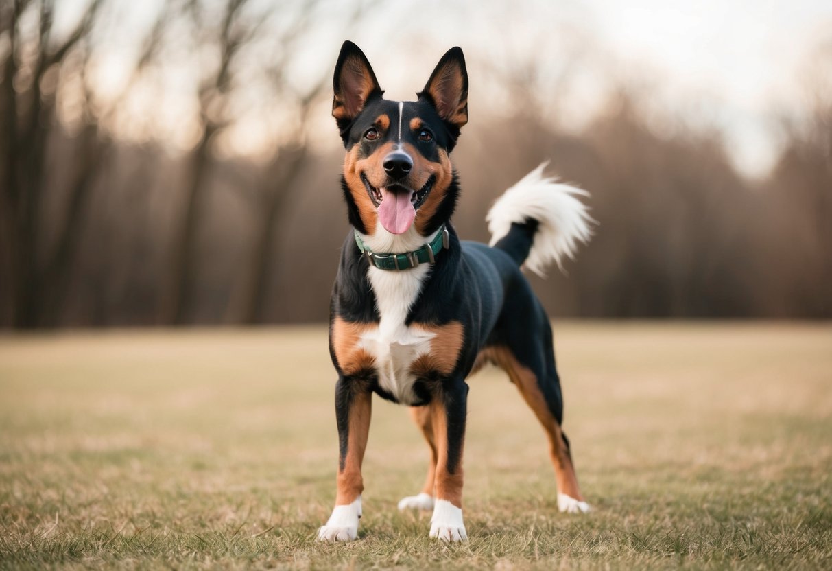 A dog with perked ears and a wagging tail, standing confidently with a relaxed posture, indicating happiness and friendliness