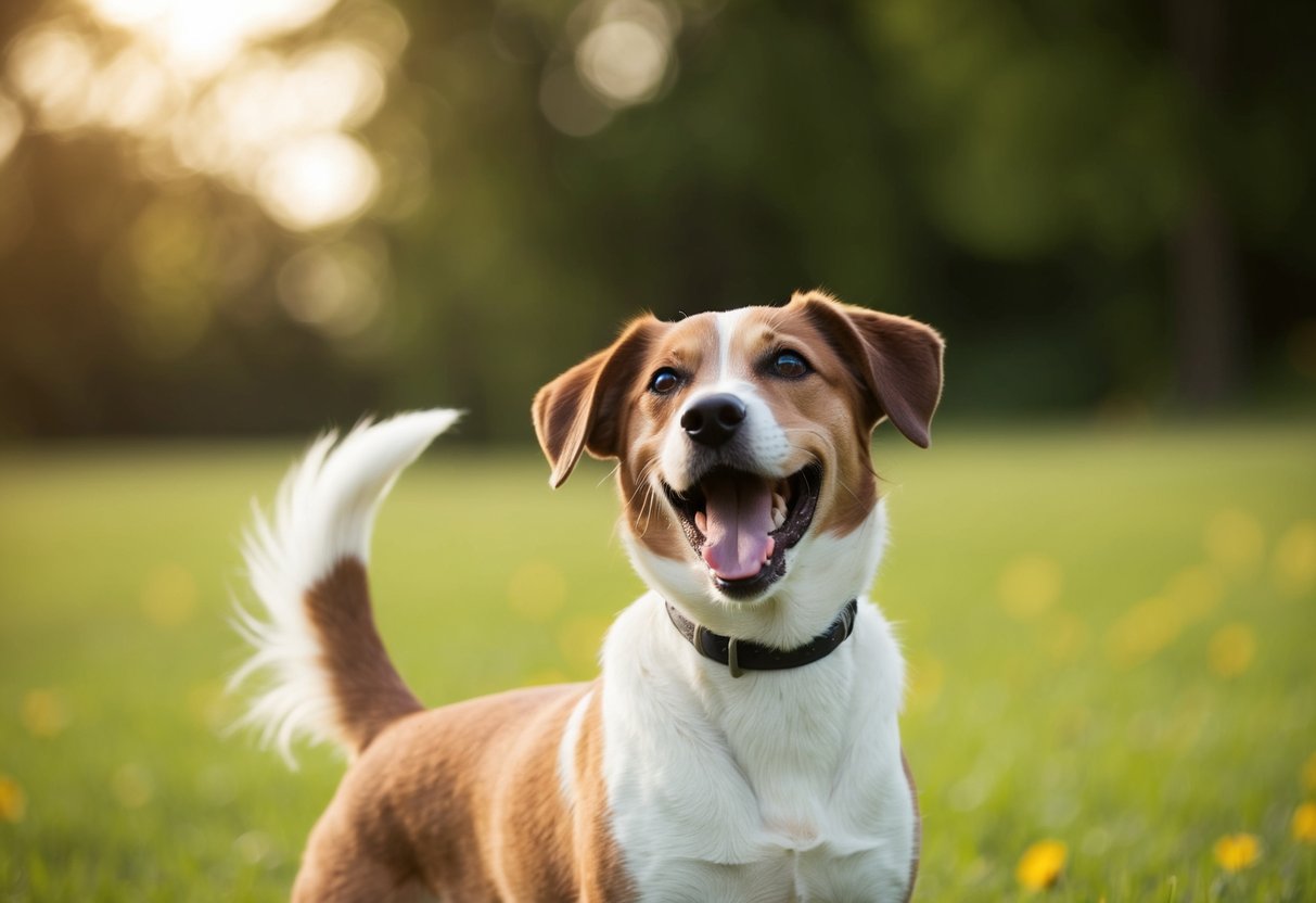 A dog wagging its tail eagerly, with a slight wag indicating curiosity and a vigorous wag indicating excitement or happiness