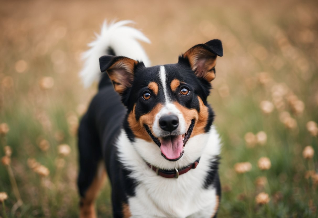 A dog with raised eyebrows and ears forward, tail wagging