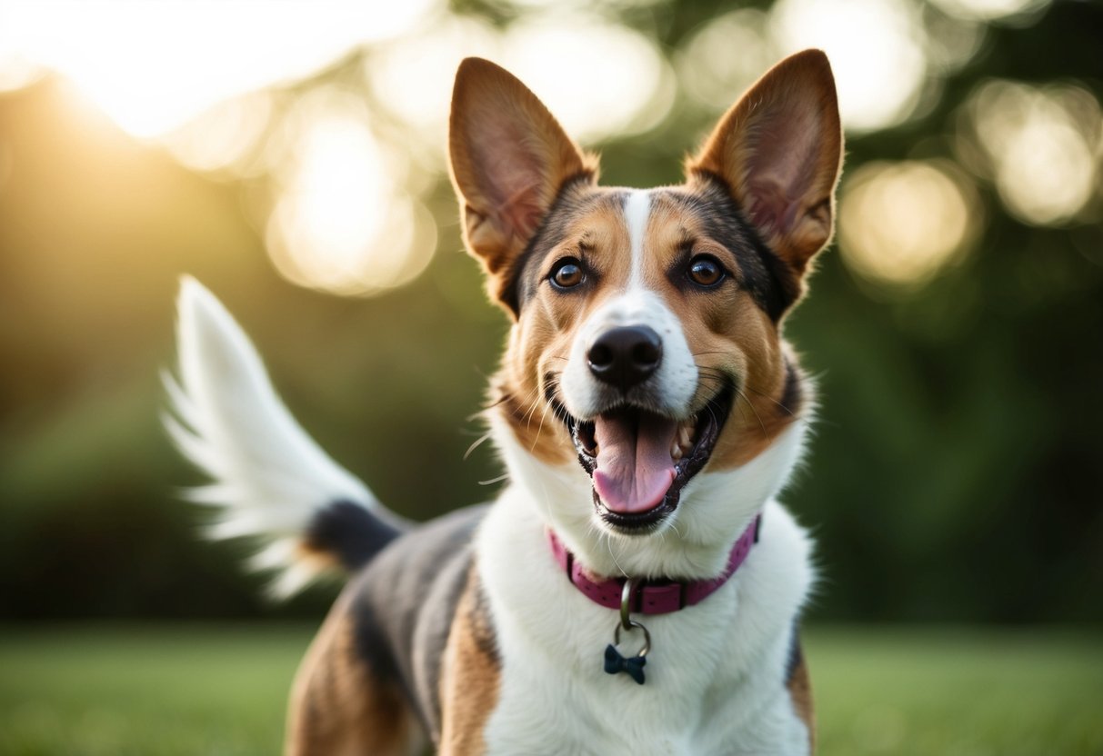 A dog with ears perked up, tail wagging, and mouth slightly open, indicating excitement or happiness