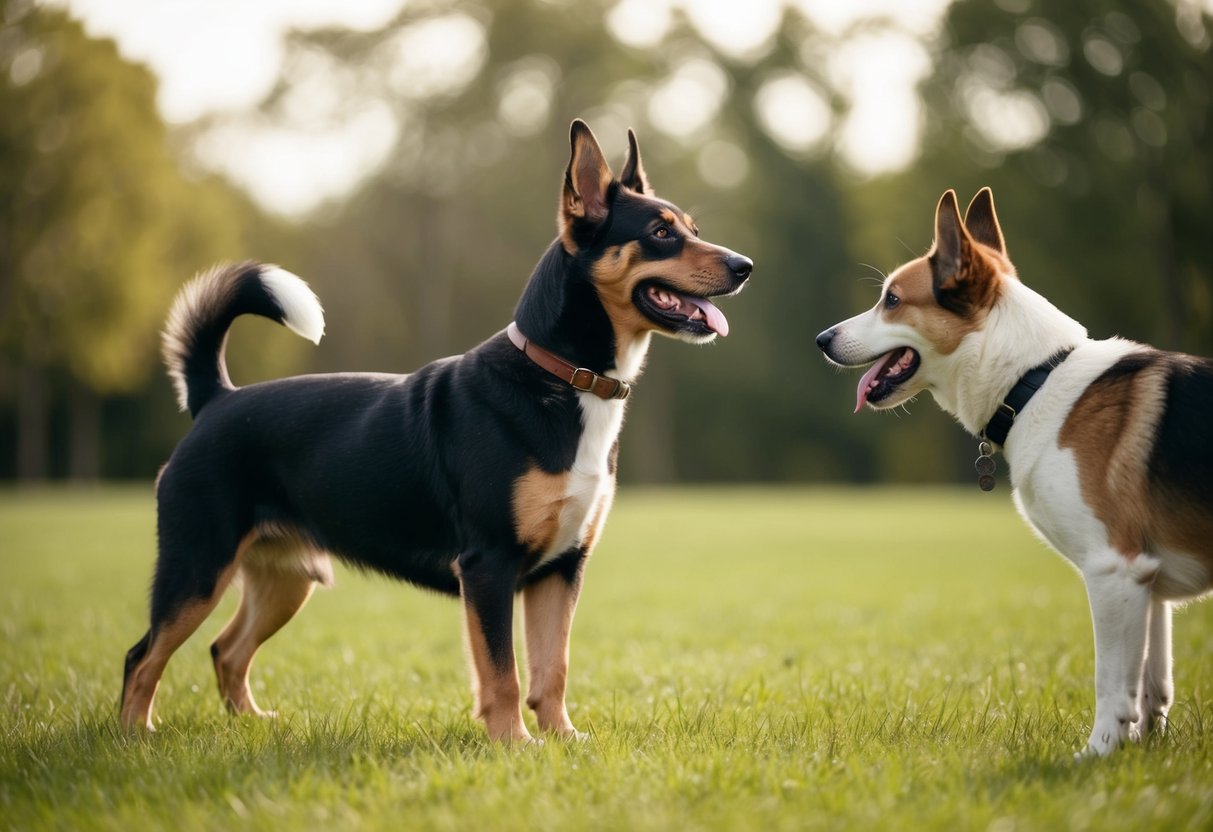 A dog with ears perked up and tail wagging, standing tall and alert, while making eye contact with another dog