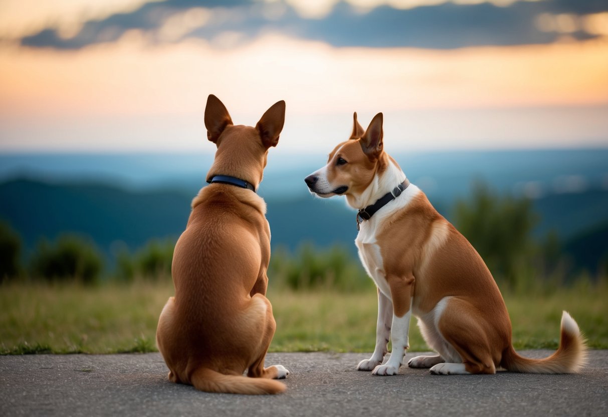 A dog sitting with ears back, head lowered, and tail tucked, looking away from another dog with a relaxed body posture