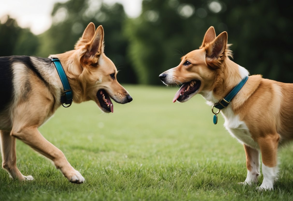 A dog with raised ears and a wagging tail approaches another dog with a relaxed body posture, indicating friendliness and a desire to play