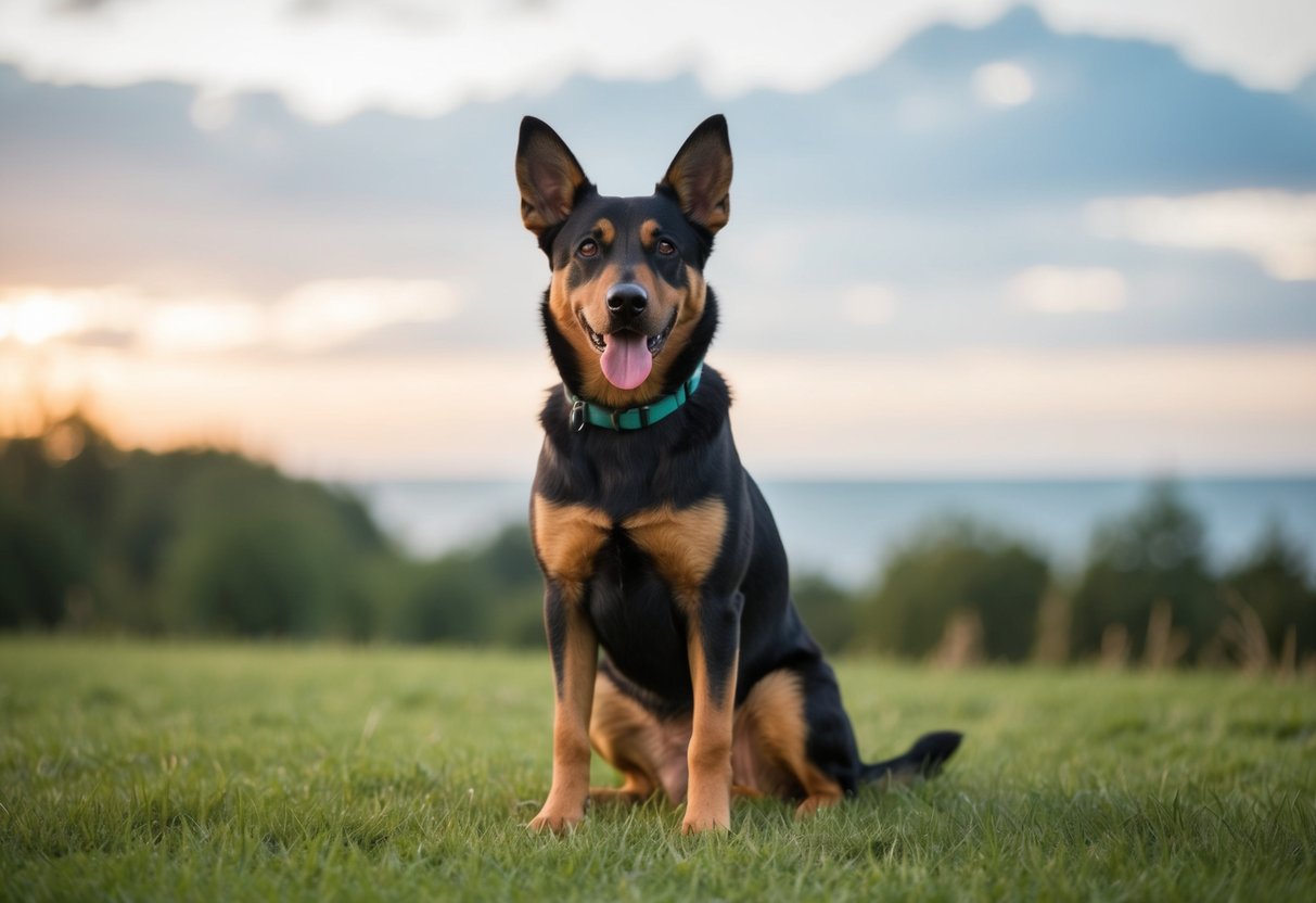 A dog sitting with ears perked up, tail wagging, and a relaxed body posture, looking directly at the viewer