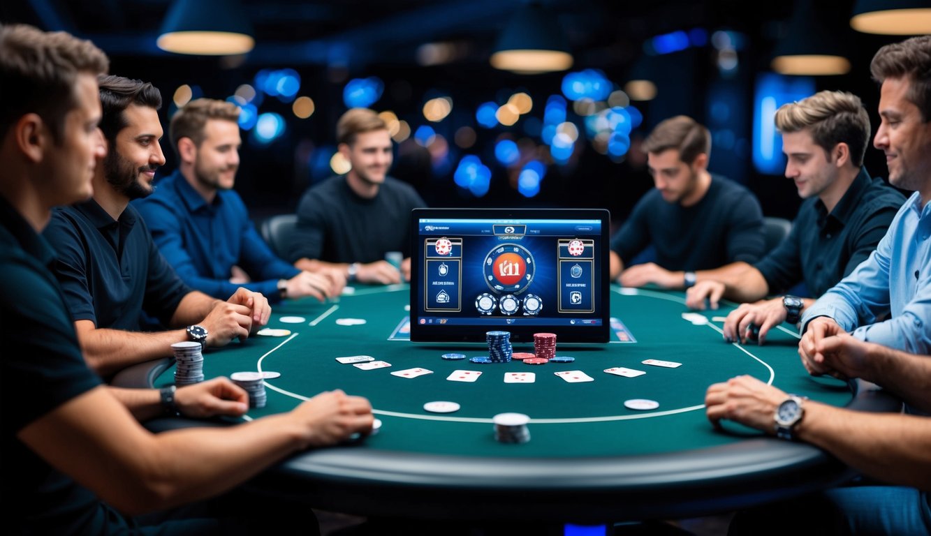 Sekelompok pemain duduk di sekitar meja poker virtual, layar mereka menampilkan antarmuka permainan. Chip dan kartu berserakan di atas meja.