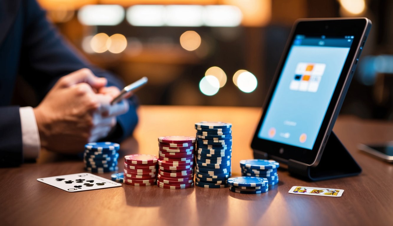 Sekelompok chip poker, kartu, dan perangkat digital di atas meja