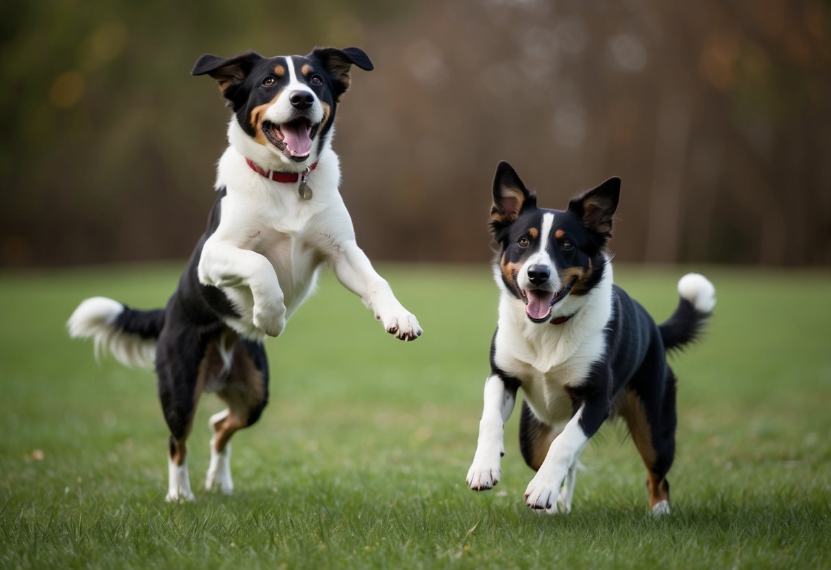 Two dogs, one leaping with open mouth, the other crouched with wagging tail. Their bodies are relaxed, ears forward, and eyes bright