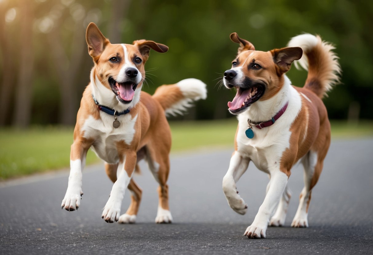 Two dogs engage in playful behavior, wagging tails and open mouths. One dog may bow or chase, while the other responds with similar gestures