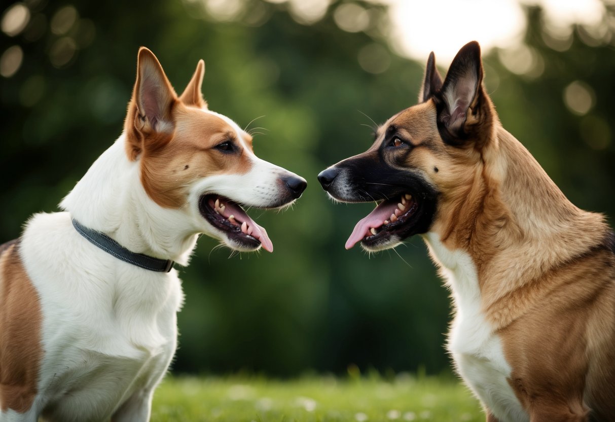 Two dogs facing each other, one with a relaxed body posture and wagging tail, the other with tense body language and a raised hackle