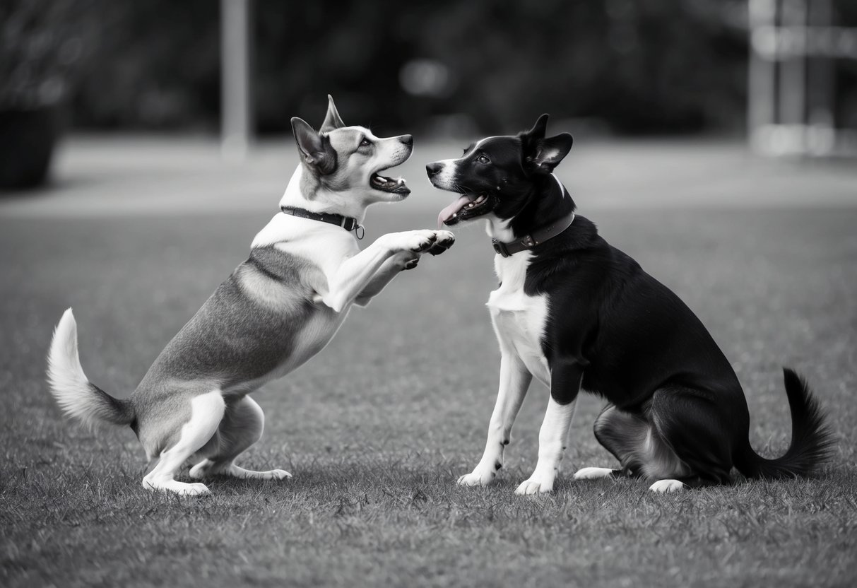 Two dogs engaged in play: one bowing with wagging tail, the other reciprocating. Open mouths, relaxed body language, and occasional pauses to sniff