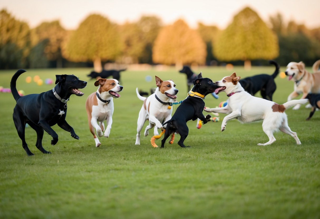 Dogs of various sizes and breeds interact in a spacious, grassy area. Some chase each other playfully, while others engage in gentle wrestling or tug-of-war with toys