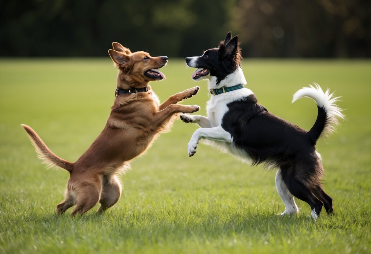 Two dogs engaging in playful interaction, one with a relaxed body posture and wagging tail, the other exhibiting a more assertive stance with raised hackles