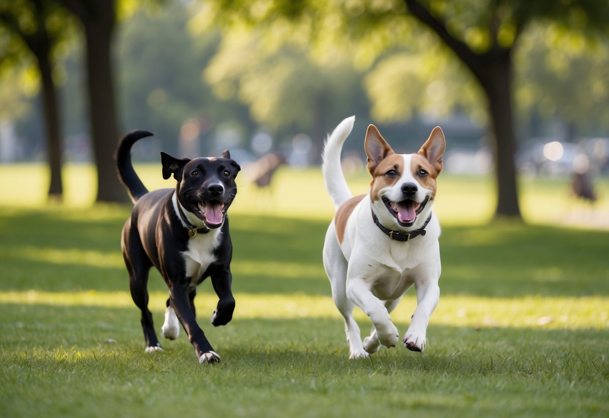 Two dogs playfully interacting in a park, one chasing the other with wagging tails and open mouths
