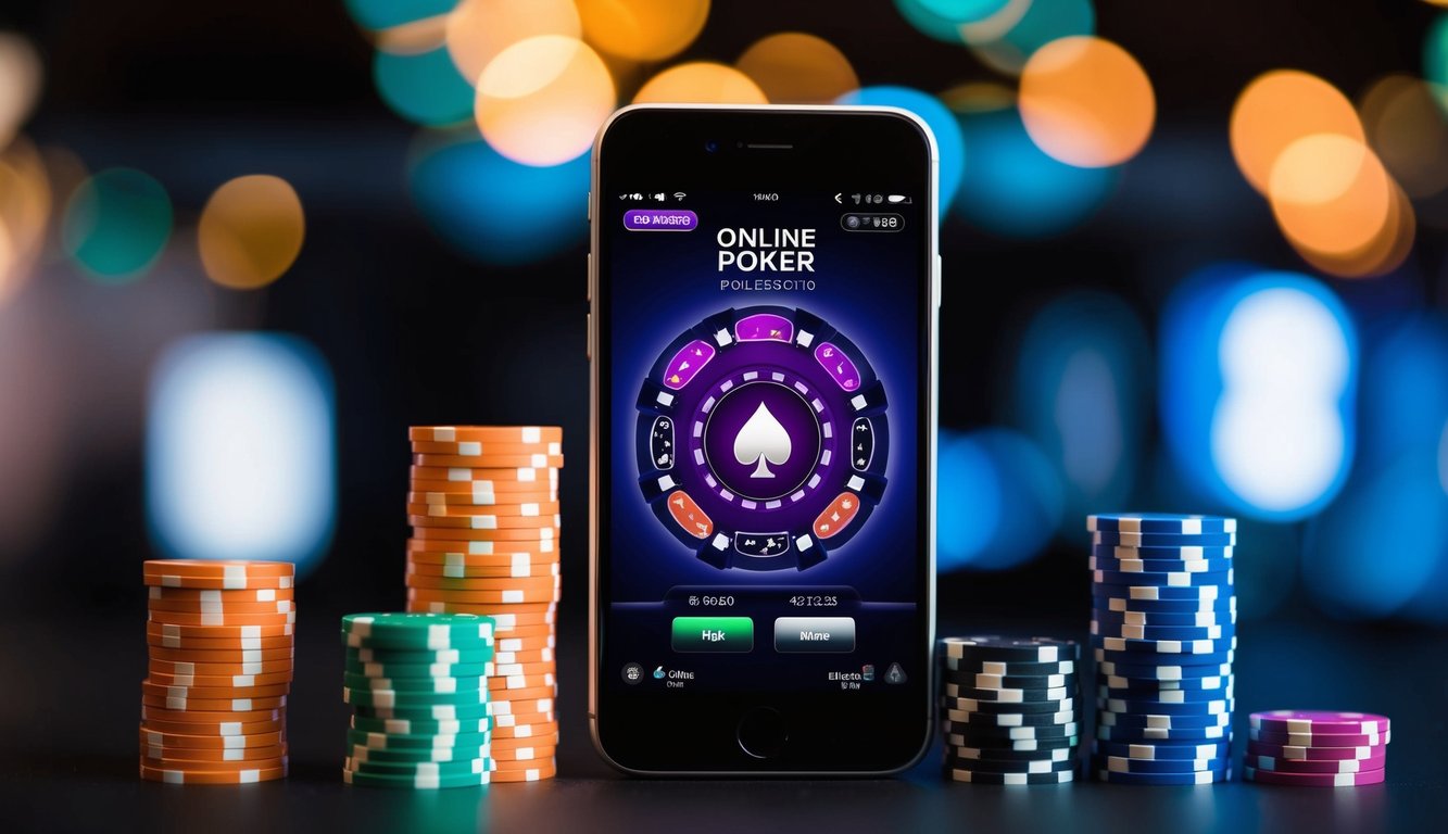 Sebuah smartphone dengan layar yang bersinar menampilkan permainan poker online, dikelilingi oleh tumpukan chip poker berwarna-warni