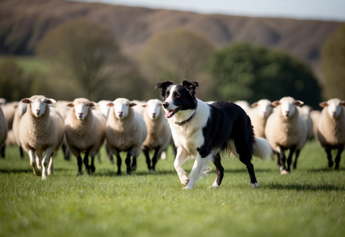 A border collie herding a group of sheep in a grassy field